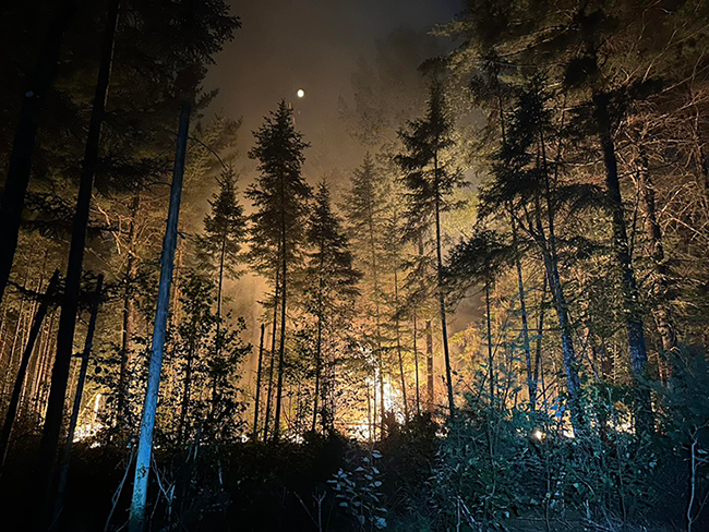 Image of the Baileyville fire at night in August of 2025