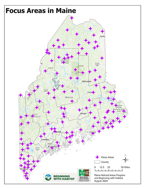 Map showing locations of focus areas in Maine