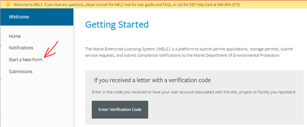 A screen shot providing a view of the software that corresponds to the instructional text.  The screen shot has an arrow pointing to the "Start a New Form" option which is the third option down on the left hand side of the screen.