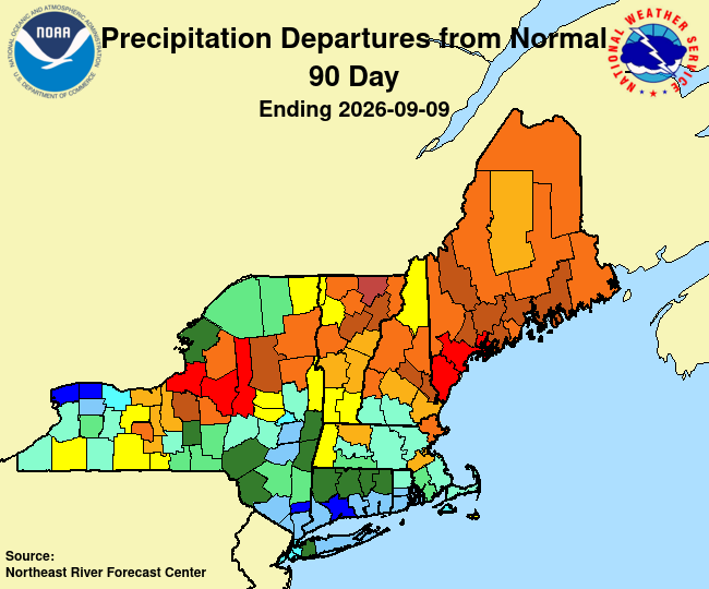 Map of New England and New York showing departures from normal rainfall amounts in the past 90 days. All of Maine is experiencing rainfall deficiencies, the most severe being along the southern coast.