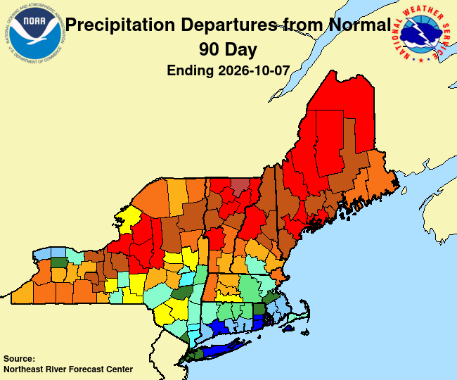 Map of New England and New York showing precipitation departures from normal over the past 90 days. Currently, all of Maine is experiencing severe rainfall deficiency.