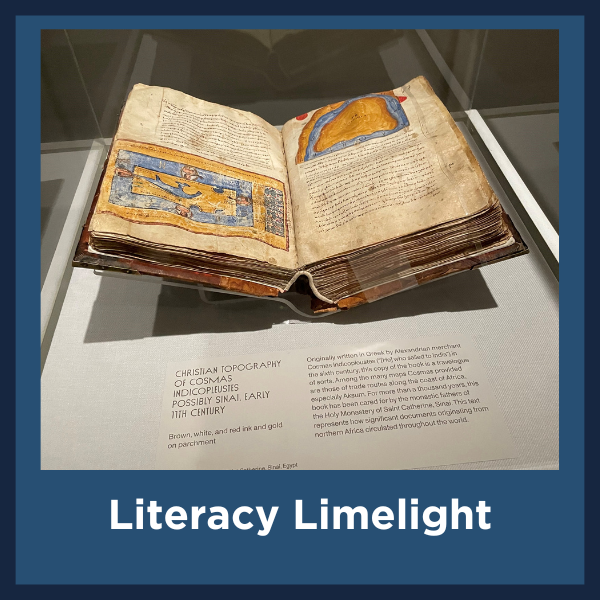 A open book with the words literacy limelight