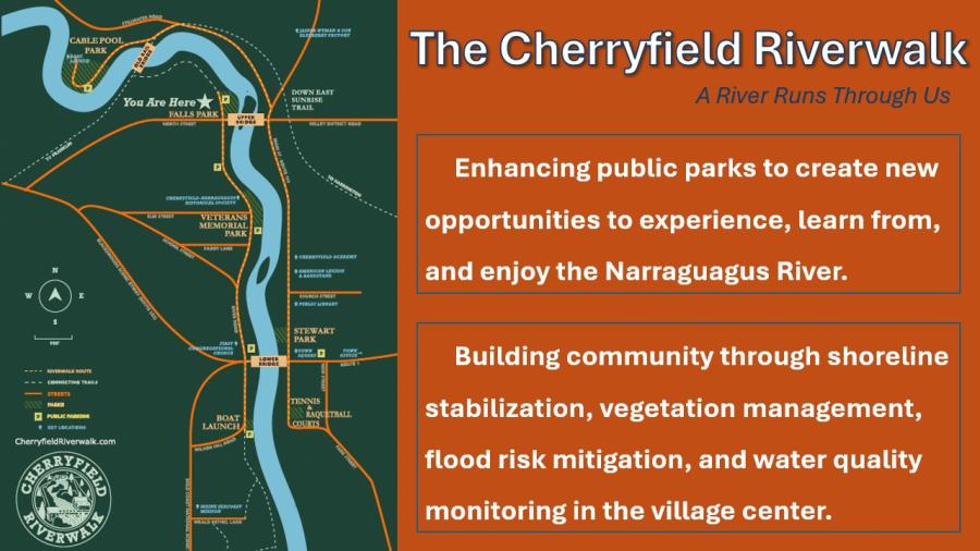 A slide detailing the Cherryfield Riverwalk project.