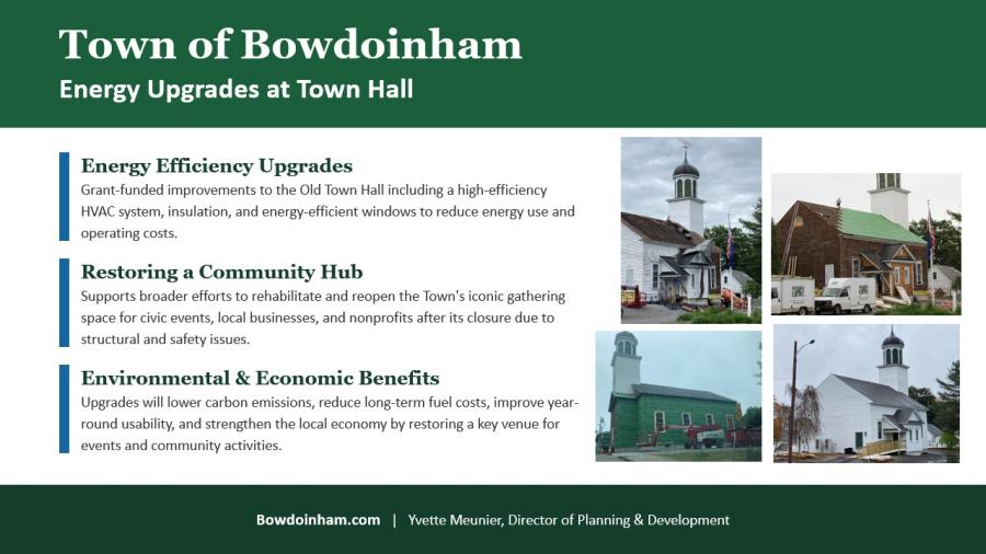 A slide detailing the Town of Bowdoinham​'s Energy Upgrades at Town Hall​