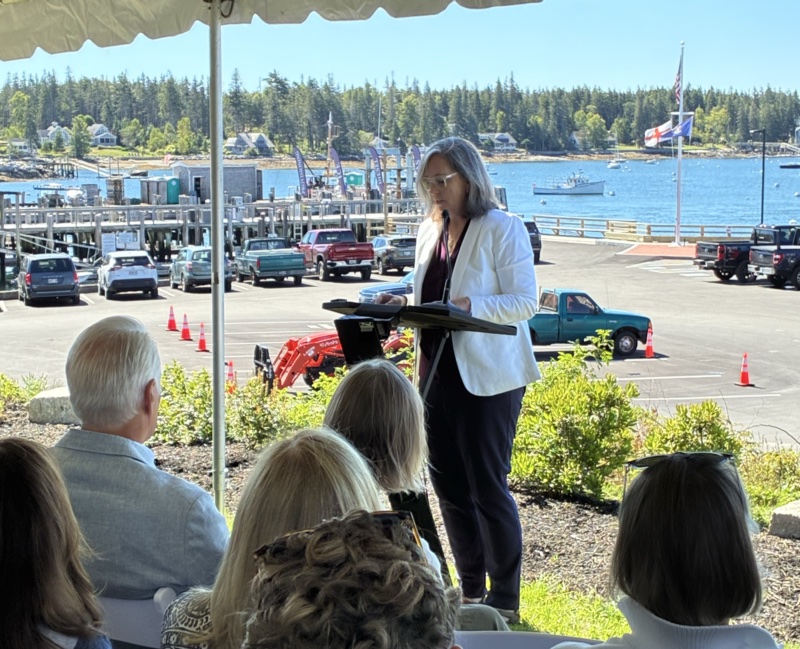 Samantha Horn, Maine Office of Community Affairs Director, presenting at the launch of Colby College’s Center for Resilience and Economic Impact in Port Clyde.