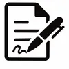 A black and white icon of a pen signing a piece of paper.