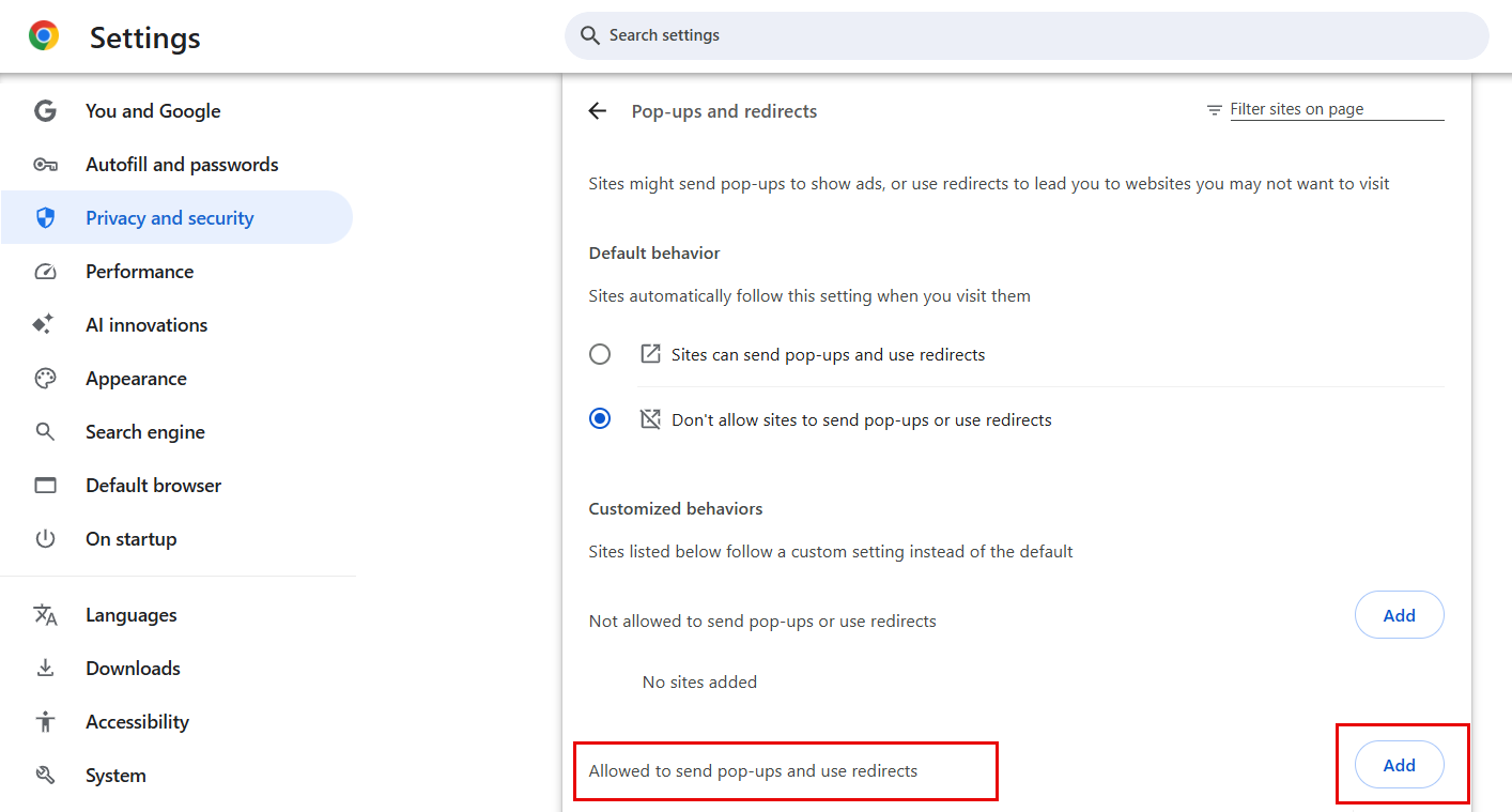 Allowed to send pop-ups and use redirects in Chrome