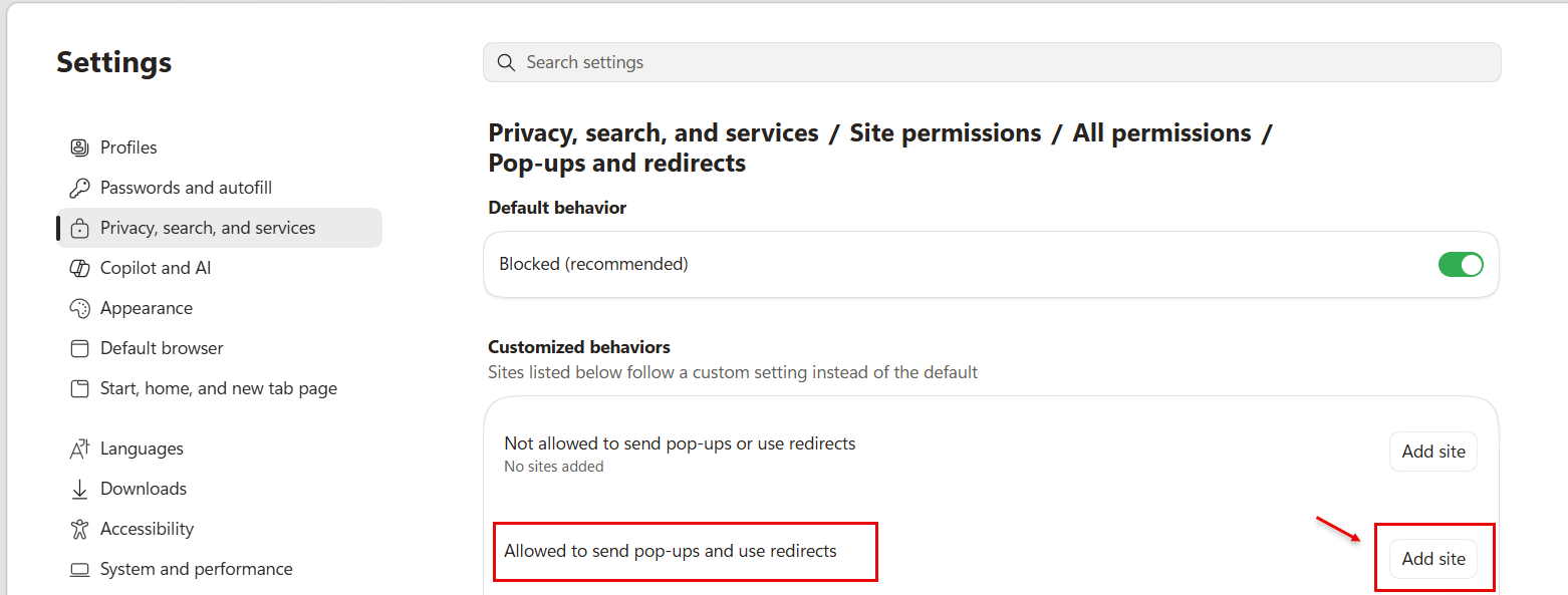 Allowed Popups and redirects for Edge